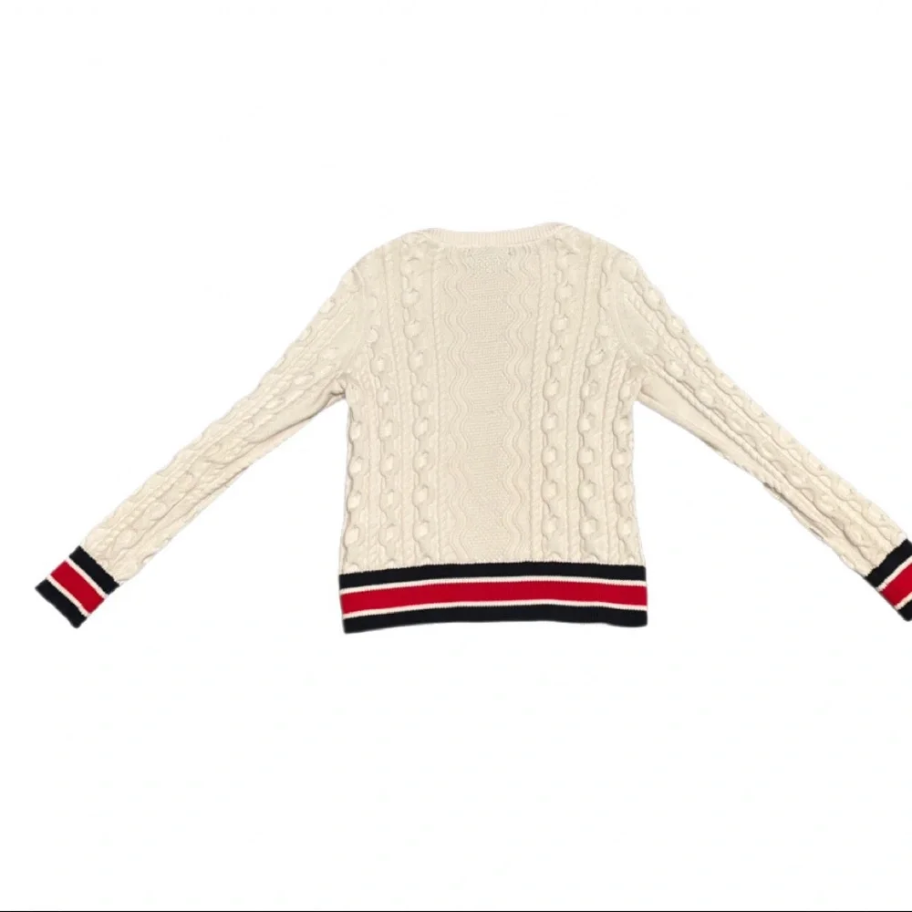 Banana Republic Cable Knit Sweater White Red Navy Trim Size M - Picture 3 of 6